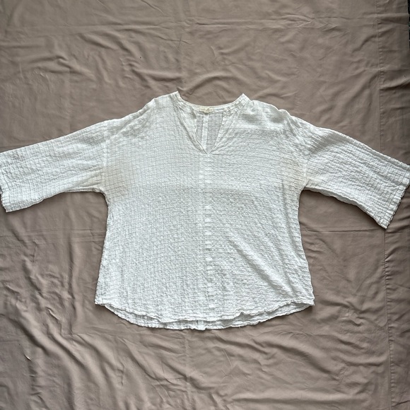 Eileen Fisher Tops - Eileen Fisher White Crinkled Cotton Top | Gauze Textured V-Neck Blouse | Size L
